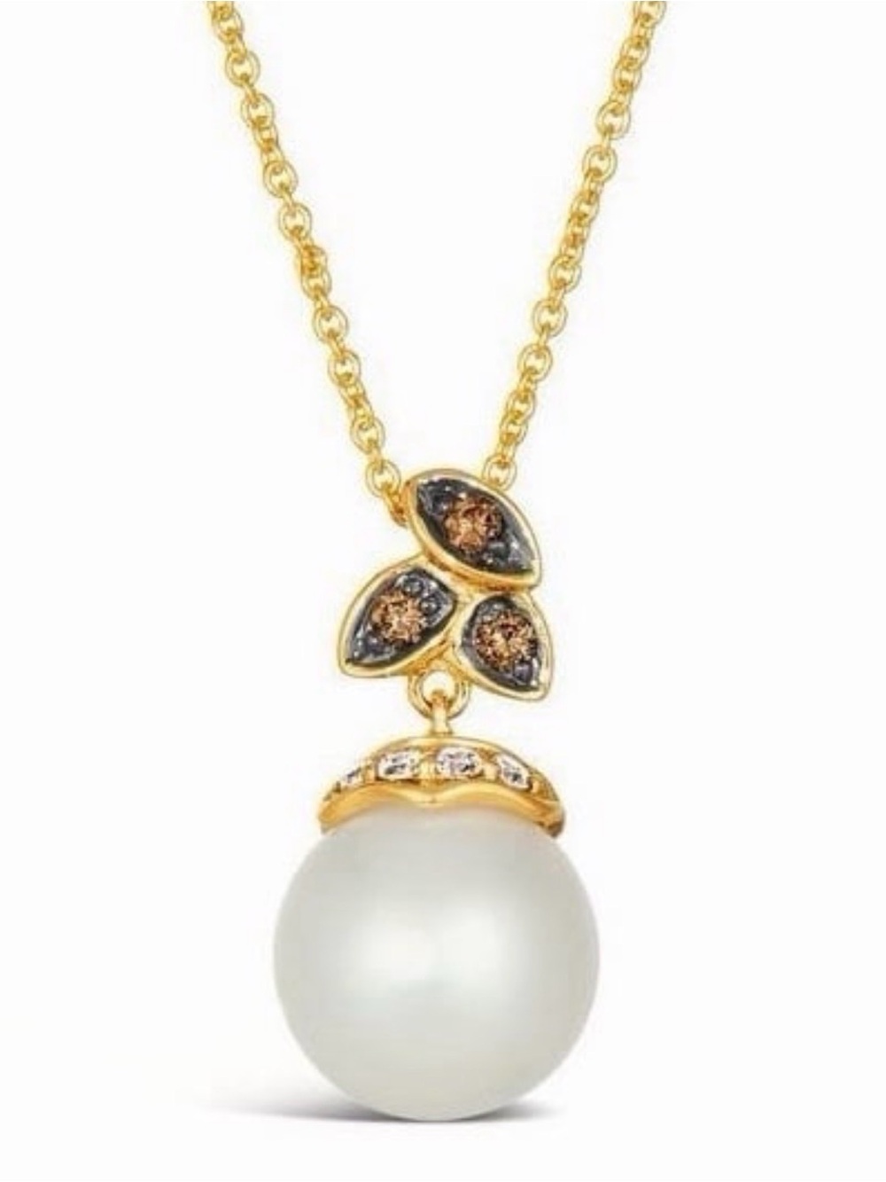 Le Vian 14K Yellow Gold Natural Diamond & 7mm Pearl Pendant 18” Necklace NWT